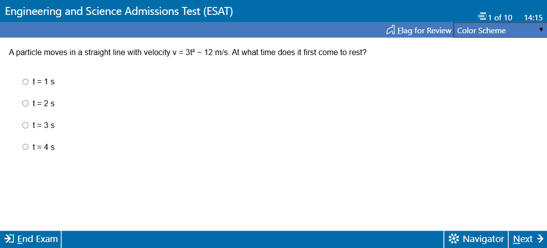 A practice question in the ESATvault simulator, which copies the Pearson VUE test-centre interface: blue header and footer bars, a white page, answer options and a Navigator button.
